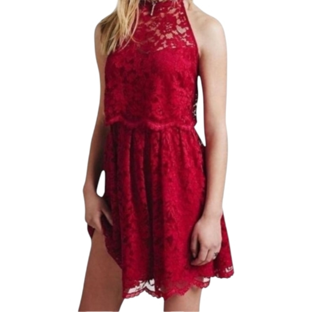 NWT Free‎ People Dress Lace Halter Dress Berry Mini Tiered Lost In A Dream Sz 4